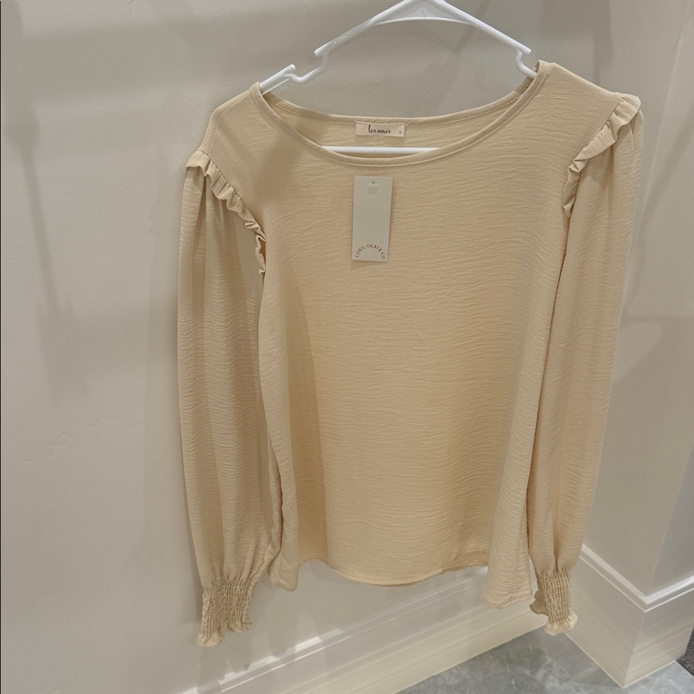 Cream Ruffle-Shoulder Long Sleeve Blouse